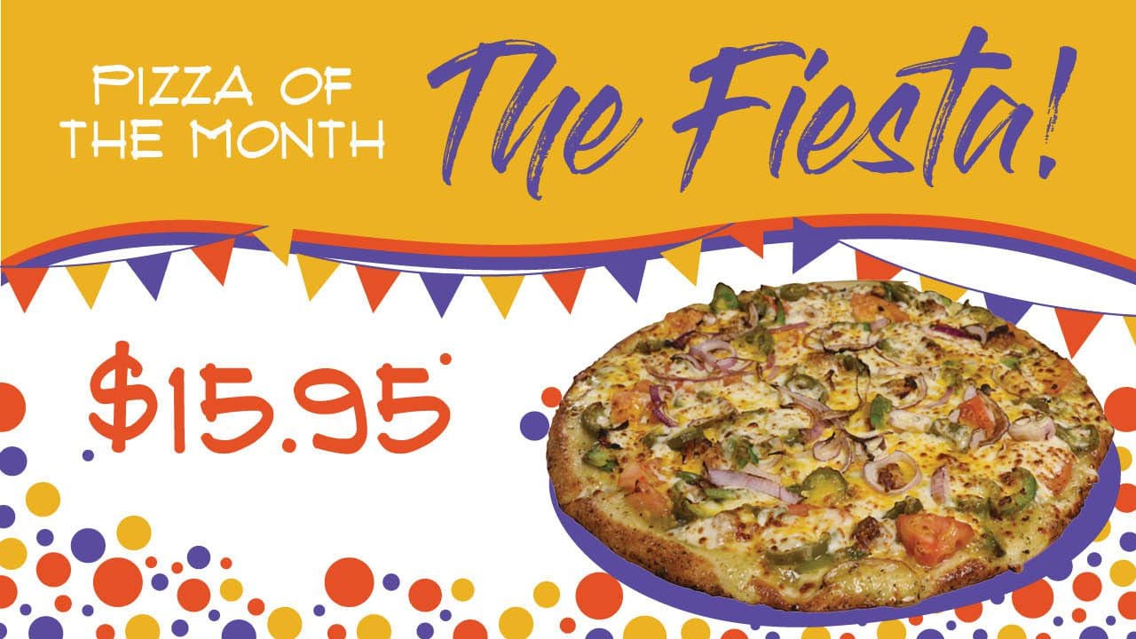 Visit the Shocker Sports Grill &amp; Lanes in April to try their Pizza of the Month, the Fiesta pizza! It has a 14” crust and is topped with green chili sauce, fajita grilled chicken, red onions, green bell peppers, jalapenos, cheddar and mozzarella cheeses for $15.95.