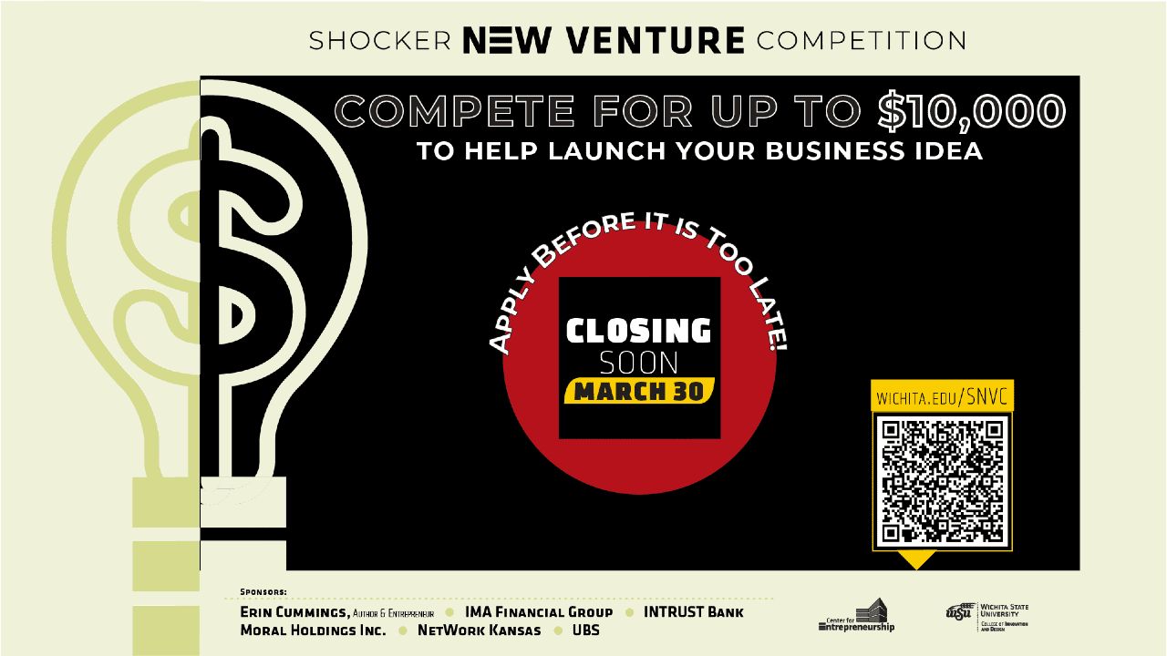 By competing in the Shocker New Venture Competition, you could win up to $10,000 to help launch your business idea. Applications close soon: March 30th. Check out wichita.edu/snvc today for information on how to compete in the Shocker New Venture Competition.