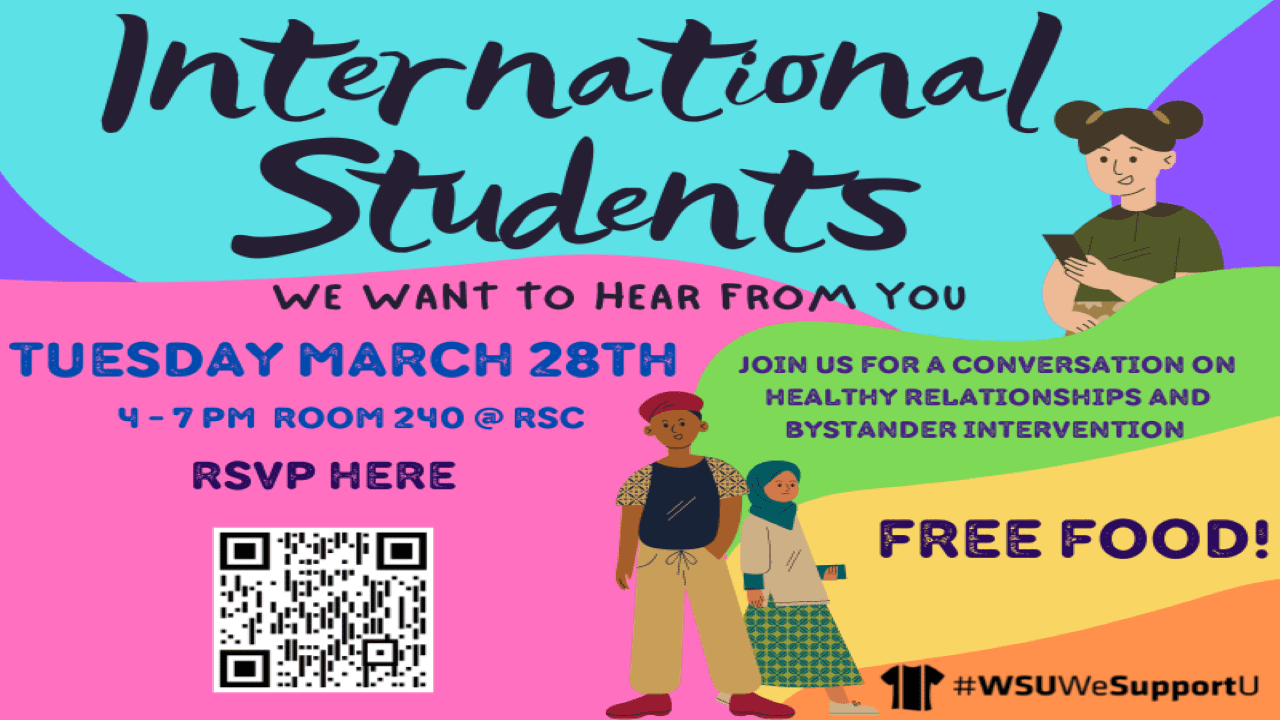 Join us for a conversation on healthy relationships and bystander intervention. There will be free snacks with us at the RSC room 240 from 4-7pm. To RSVP, please fill out this form at https://wichita.edu/InternationalStudentFocusGroup